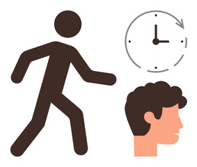 Person walking, clock with arrow indicating time flow, side profile head in flat style. Ideal for time management, productivity, movement, planning, work-life balance, deadlines simple flat metaphor