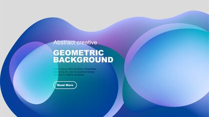 Abstract fluid shapes overlap black background. Vibrant blues, purples create modern design. Text promotes further exploration.