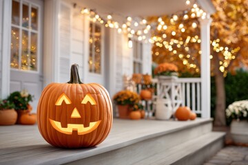 A glowing jack-o'-lantern sits on a rustic wooden porch, adorned with warm string lights and fall decorations.