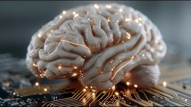 Bioengineered brain circuit board with glowing neural connection and warm lighting, neural brain model with glowing circuit connections circuit board and detailed texture, brain digital network
