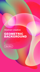 Vibrant abstract shapes overlap, creating dynamic colorful composition. Text promotes geometric background design, inviting further exploration.