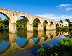 Fototapeta premium Stone arch bridge reflecting on tranquil river
