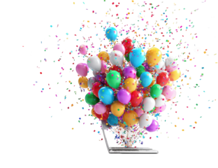 Laptop with colorful balloons and confetti