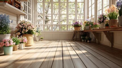 Bright Veranda with Potted Spring Flowers and Uncluttered Wooden Floor for Product Display in Warm Light