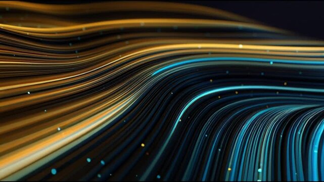 Wavy abstract lines golden and blue colors parallel glowing dots on top