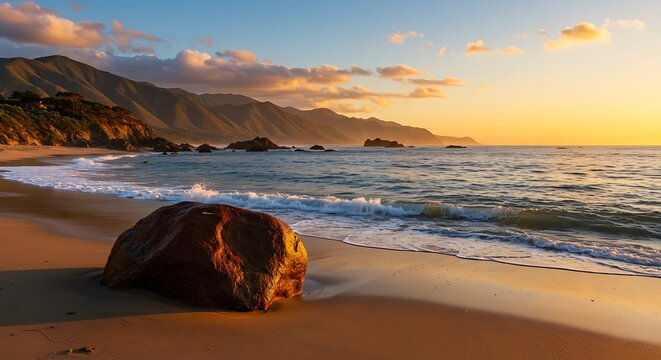 Golden Sunset at Pfeiffer Beach in Big Sur California with Coastal Mountains and Dramatic Rock Formations Creating a Tranquil Beach Scene