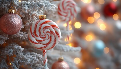 Close up of red and white striped lollipop ornament on frosted Christmas tree candy decoration
