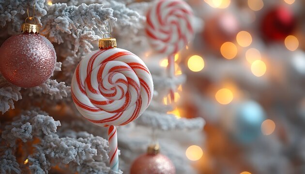 Close up of red and white striped lollipop ornament on frosted Christmas tree candy decoration - Powered by Adobe