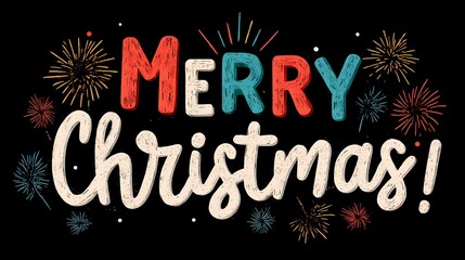 Naklejka premium Bright Christmas card with colorful letters and fireworks for holiday greetings and design