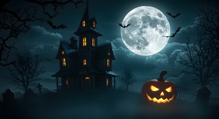 Spooky Halloween Night with Haunted House, Full Moon, Bats, and Jack-o'-Lantern