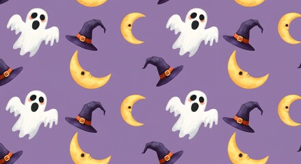 Cute Halloween Pattern: Ghosts, Witch Hats, and Smiling Moons on Purple Background