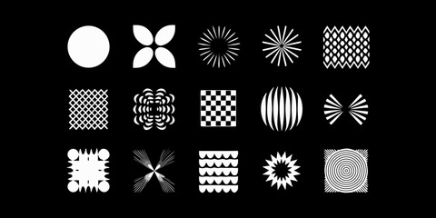 Collection of abstract geometric shapes and patterns in white on a black background