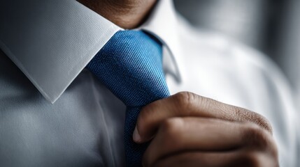 Man adjusting his blue tie, wearing a crisp white shirt, preparing for work.