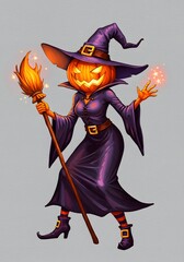 Spooky Halloween Witch with Pumpkin Head and Broom