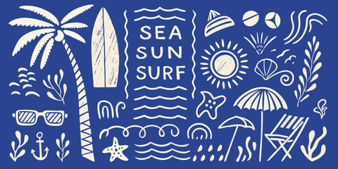 Collection of hand drawn summer beach icons and elements with sea sun surf text on blue background