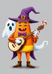 Obraz premium Cute Candy Corn Character Playing Guitar with a Ghost and Candy Cane