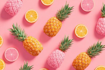 Pink and yellow pineapples and citrus slices on a pink background in a repeating pattern
