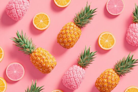 Pink and yellow pineapples and citrus slices on a pink background in a repeating pattern