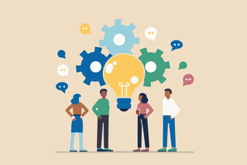 Diverse team collaborating on a bright idea with gears and speech bubbles symbolizing communication and innovation