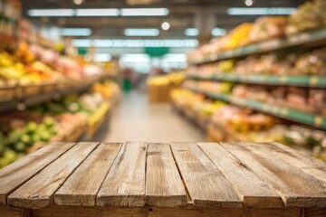 Rustic wooden table in blurred supermarket aisle (1)