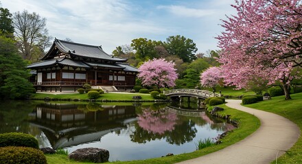 Naklejka premium Japanese Garden Temple with Cherry Blossoms and Pond Reflection Serene Landscape for Travel and Tourism Photography Destination