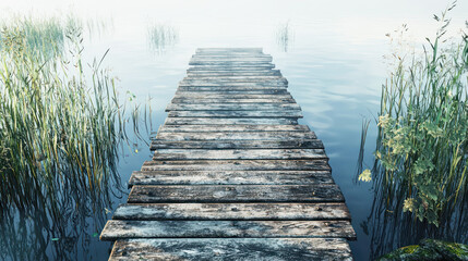 Fototapeta premium A wooden pier extending into a still lake with soft morning light.