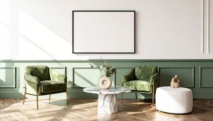 Fototapeta premium Mockup poster frame Contemporary Living Space with Art: A sophisticated living room showcases a modern aesthetic, featuring plush green armchairs, a marble coffee table.