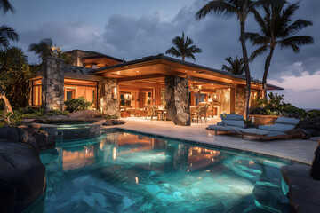 Fototapeta premium Luxurious tropical villa with infinity pool at twilight, perfect for relaxation
