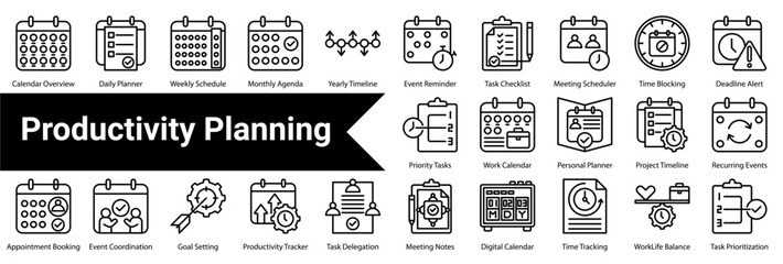 Productivity Planning Icon Collection and Set Containing: Calendar Overview  ,Daily Planner  ,Weekly Schedule  ,Monthly Agenda  ,Yearly Timeline  ,Event Reminder  ,Task Checklist  ,Meeting Scheduler  
