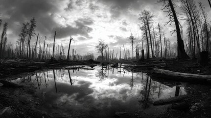 Black and White Landscape of Burned Forest with Reflective Water
