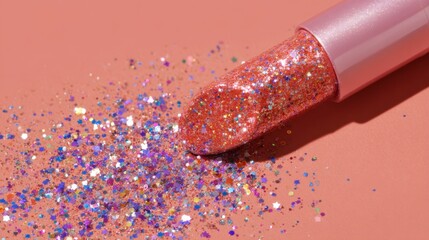 Shimmering Lip Gloss with Sparkling Glitter on Cosmetic Background