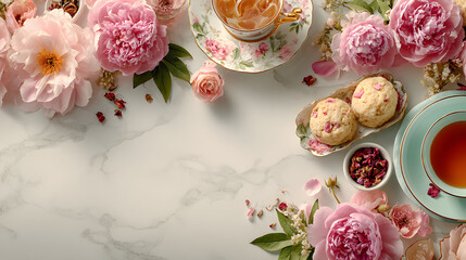 Fototapeta premium Pink peonies, teacups, and cookies arranged on a marble surface.