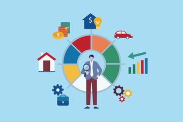 Business analysis and financial planning concept with diverse icons representing assets and growth
