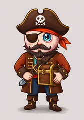 Cute Cartoon Pirate Character Holding Treasure Chest