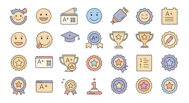 Collection of achievement and success icons, including graduation caps, medals, trophies, and smiley faces.