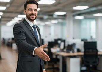 Businessman in Grey Suit Jacket Shaking Hands in Open Workspace