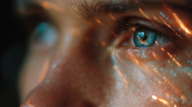 Eye Gaze with Digital Light: Close-up view of a human eye reflecting digital lights