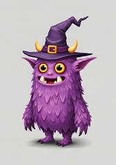 Cute Purple Monster Wearing a Witch Hat with Horns