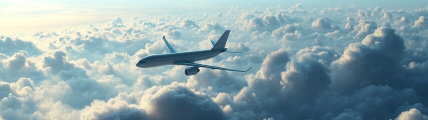 Obraz premium Airplane Flying Above Fluffy Clouds in a Blue Sky