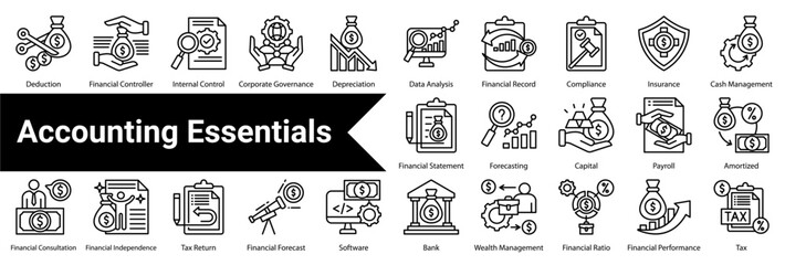 Accounting Essentials Icon Collection and Set Containing: Deduction  ,Financial Controller  ,Internal Control  ,Corporate Governance  ,Depreciation  ,Data Analysis  ,Financial Record  ,Compliance 