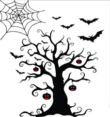 Spooky Halloween Scene Featuring a Tree with Pumpkins and Bats