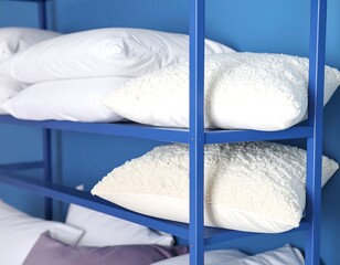 Pillows on blue shelves (1)