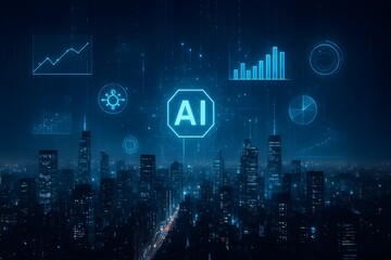  Cyberpunk Futuristic Smart City Skyline with Digital Data Streams