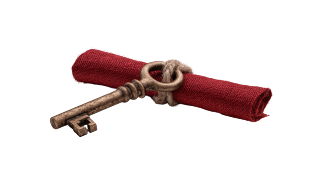 Antique key resting on a rolled red cloth