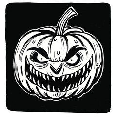 Spooky Halloween Pumpkin Illustration with Evil Face and Black Background