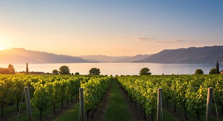 Picturesque vineyard landscape at sunset with rows of grape vines leading towards a serene lake and distant mountains at dusk