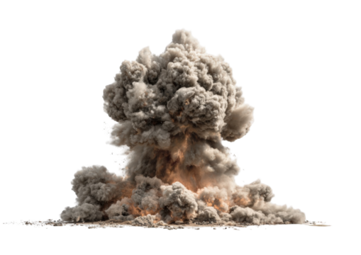 A massive explosion, thick grey-brown smoke billows upward