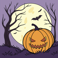 Spooky Halloween Night Scene with Pumpkin, Moon, and Bats