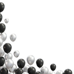 Black and silver balloons border on transparent background. Balloons decoration for wedding, birthday and other celebration. 3D Rendering