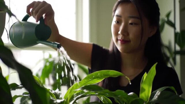 Fack Young Woman Watering Indoor Plants